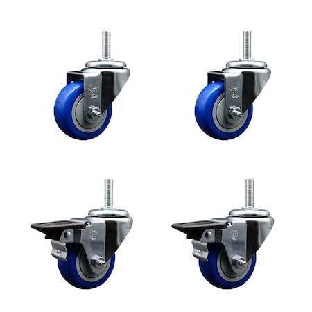 Service Caster 3 Inch Blue Polyurethane Wheel Swivel 58 Inch Threaded Stem Caster Set 2 Brakes SCC SCC-TS20S314-PPUB-BLUE-58212-2-PLB-2